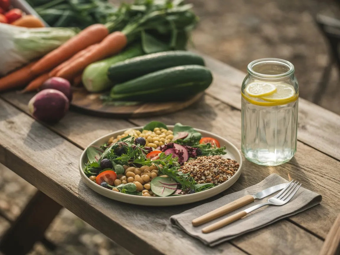 Renkli sebzeler, nohut ve mercimekten oluşan tabak – sürdürülebilir beslenme için bitkisel protein kaynakları