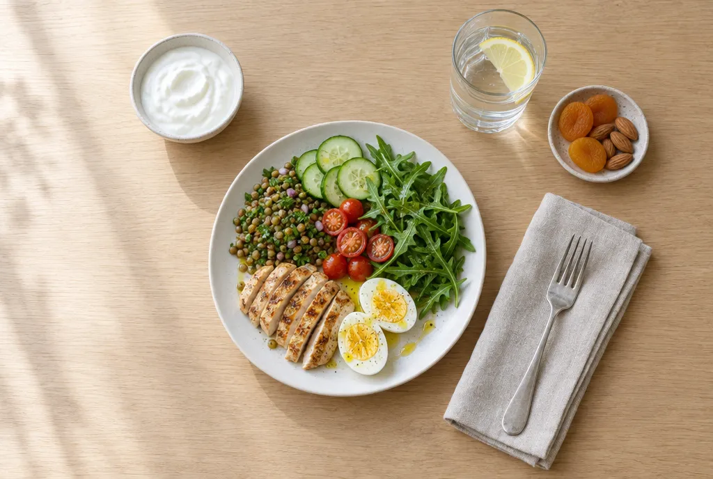 Tabakta dilimlenmiş ızgara tavuk, haşlanmış yumurta, yeşil mercimek salatası, roka, domates ve salatalık; yanında yoğurt, limonlu su, kuru kayısı ve badem